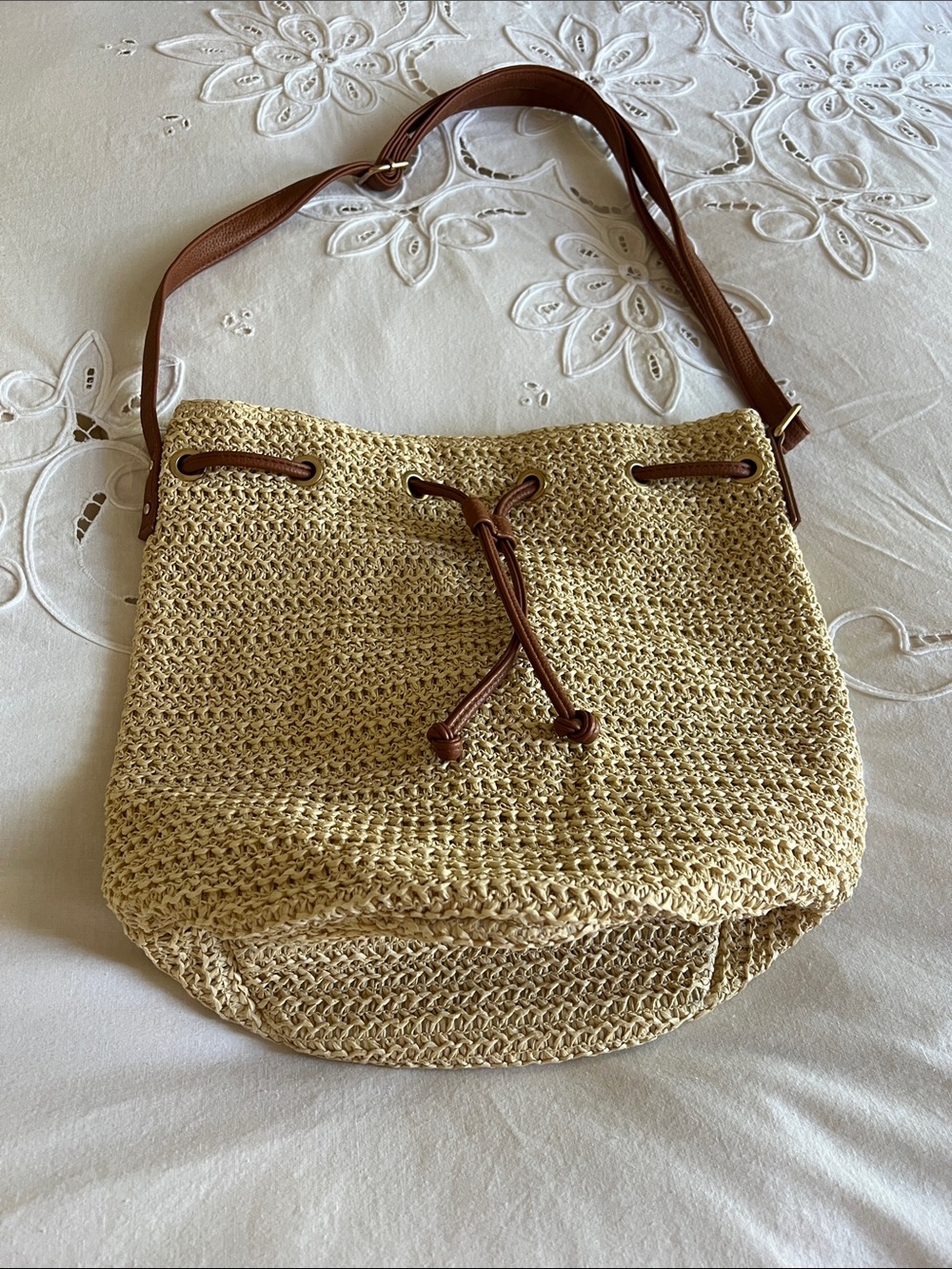 Straw Bucket Shoulder Bag with Brown Leather Trim